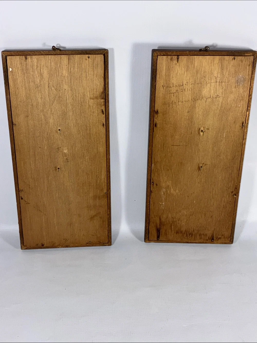 Mid Century Modern Hand Carved Wood & Burlap Wall Decor Set of 2 Vintage 1960s